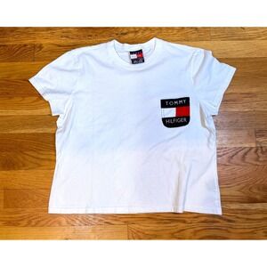 Tommy Hilfiger Cropped Logo Pocket Tee Vintage Y2K White T-Shirt Women's XL